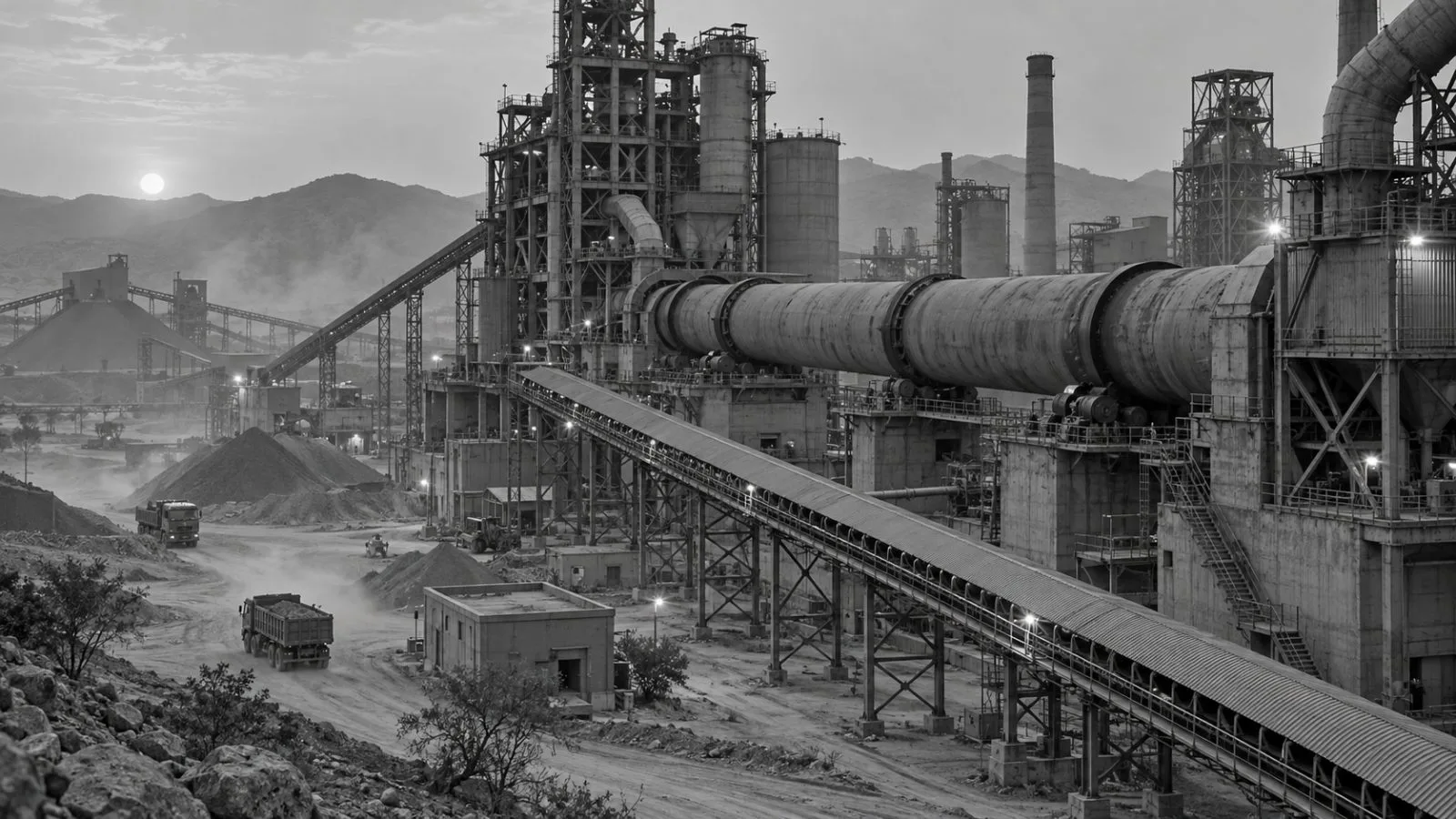 A rotary kiln and conveyor line stand at a cement works in Beawar, Rajasthan, India. (AI-generated image / EconoTimes)