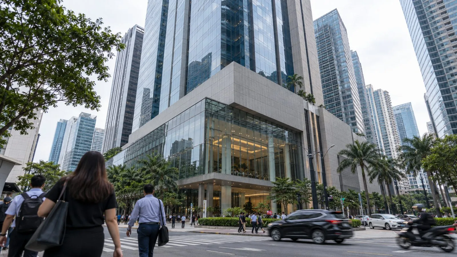 Commuters pass the Philippine Stock Exchange Tower in Taguig, Metro Manila, Philippines. (AI-generated image / EconoTimes)