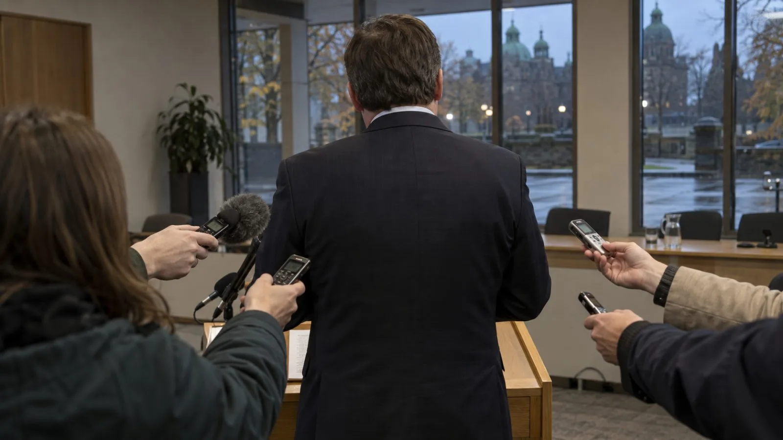 Reporters gather around a lectern during an election news conference in Victoria, British Columbia (AI-generated image / EconoTimes)