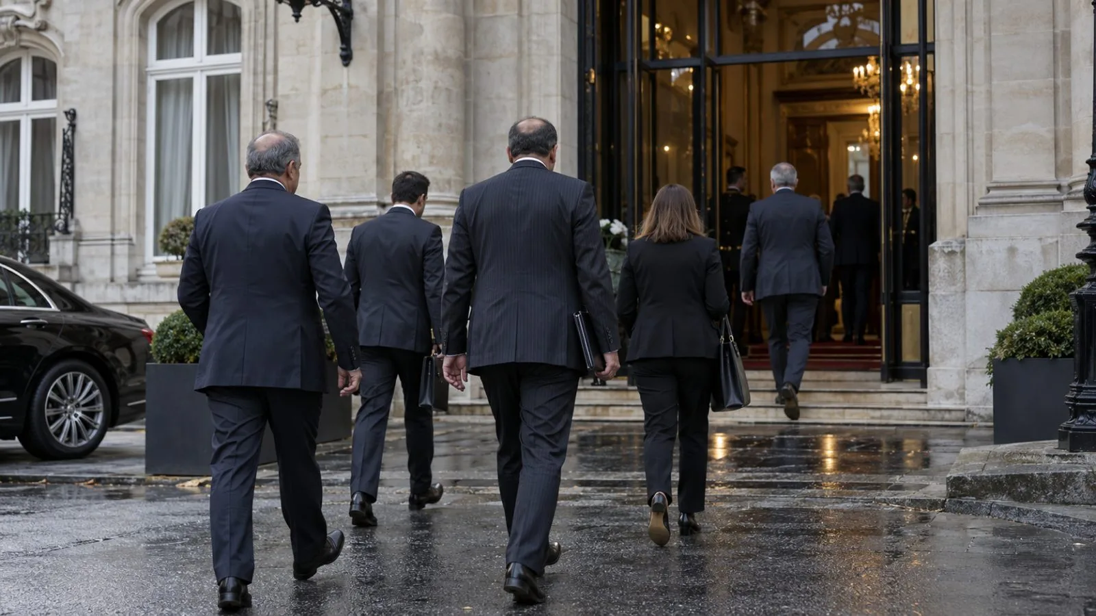 Officials approach a government building on an overcast afternoon in Brussels, Belgium. (AI-generated image / EconoTimes)