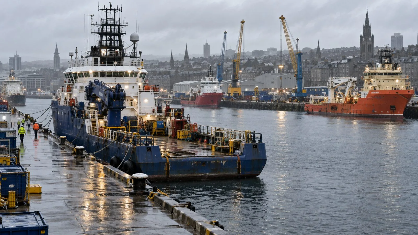 Offshore energy vessels sit along the quayside at the Port of Aberdeen, Scotland. (AI-generated image / EconoTimes)