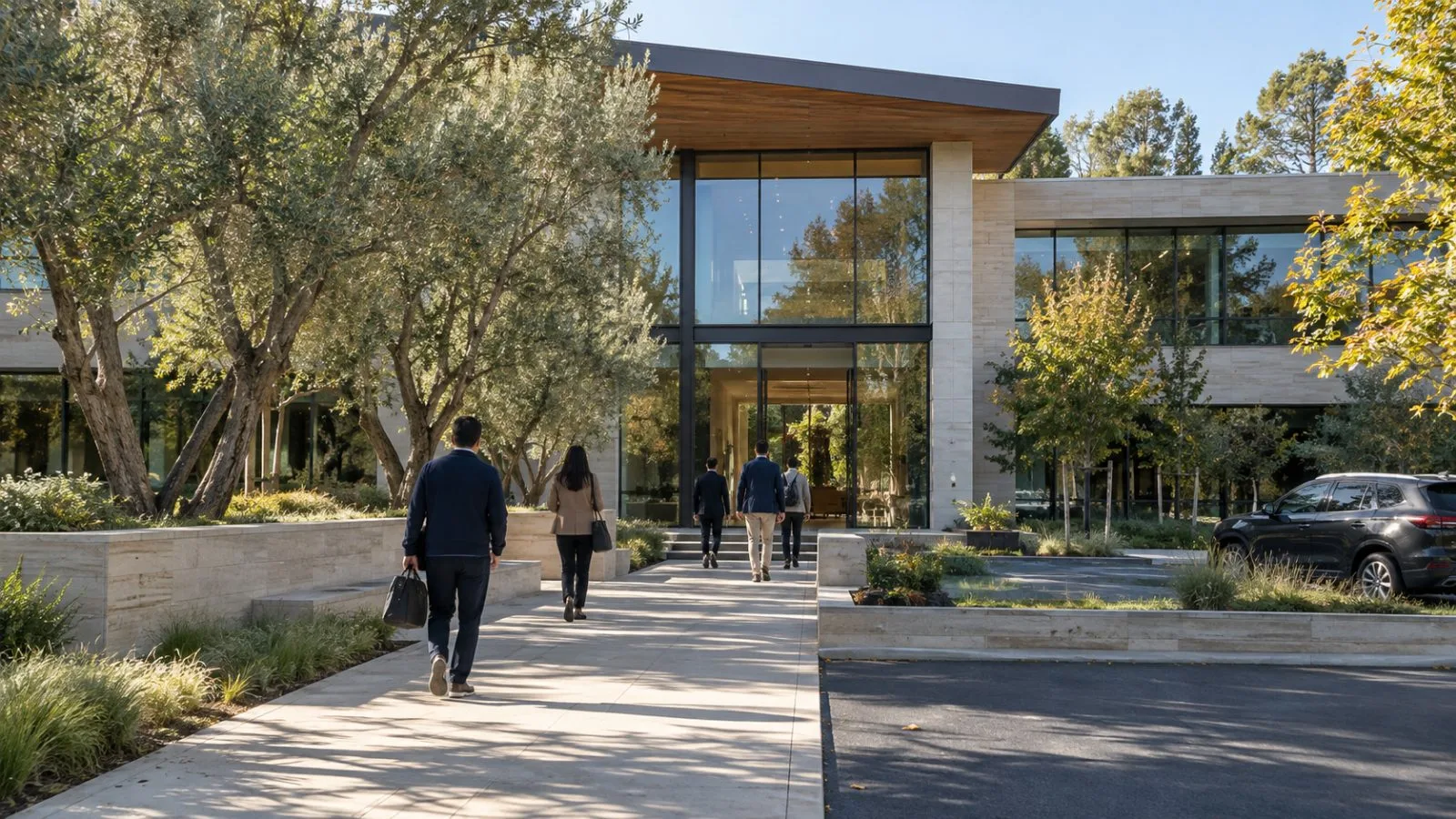 Visitors approach an office building on Sand Hill Road in Menlo Park, California. (AI-generated image / EconoTimes)