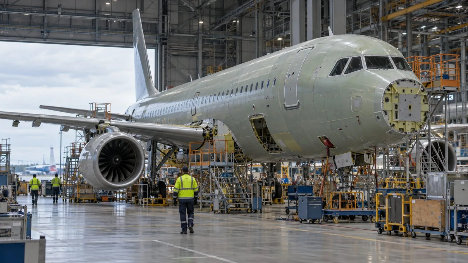 An A320neo-family aircraft stands on the assembly line at Airbus’ Hamburg plant in Germany (AI-generated image / EconoTimes)