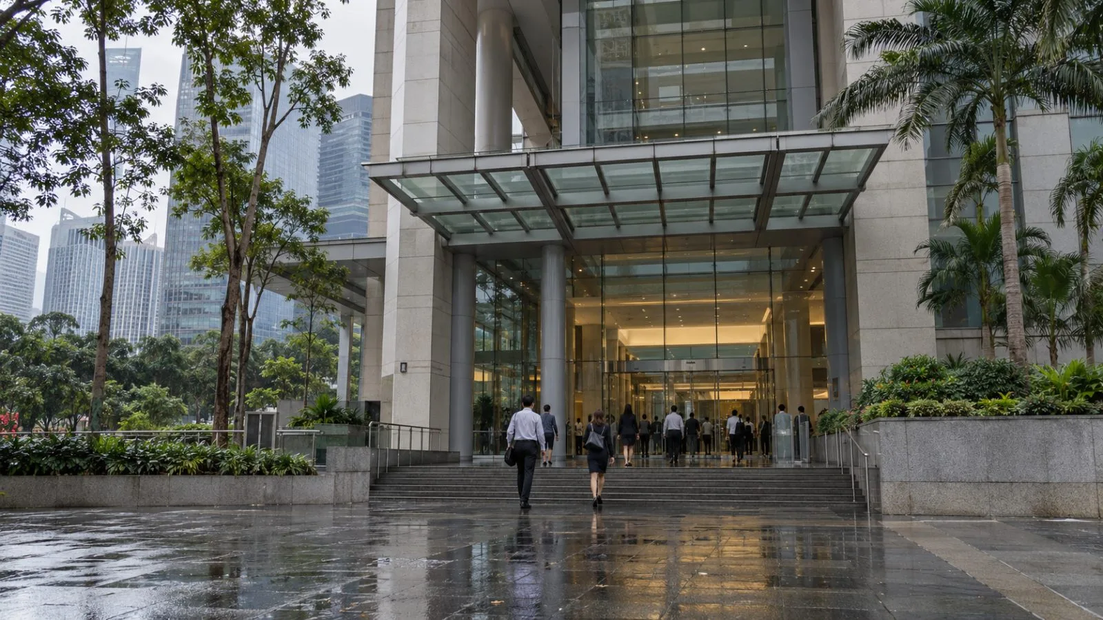 Visitors enter a courthouse in Singapore beneath a cloudy afternoon sky. (AI-generated image / EconoTimes)
