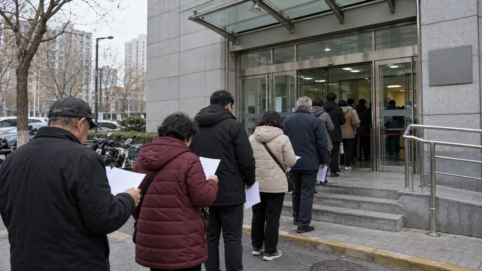 Residents enter a social insurance service hall in Beijing, China, on an overcast morning. (AI-generated image / EconoTimes)