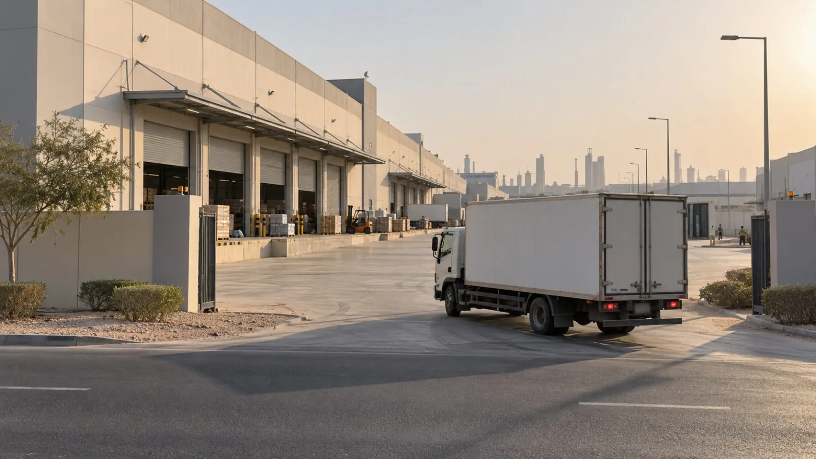A delivery truck passes warehouse buildings at Dubai Investments Park in Dubai, UAE (AI-generated image / EconoTimes)