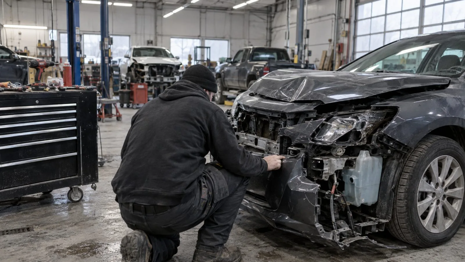 A technician inspects a damaged car at a collision-repair shop in Winnipeg, Manitoba (AI-generated image / EconoTimes)