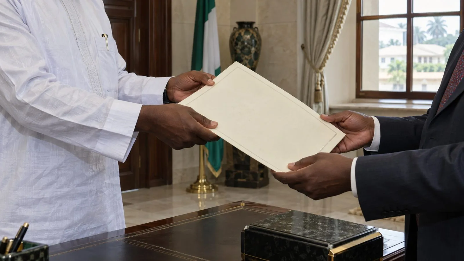 Officials present a document during a ceremony at Government House in Asaba, Nigeria. (AI-generated image / EconoTimes)