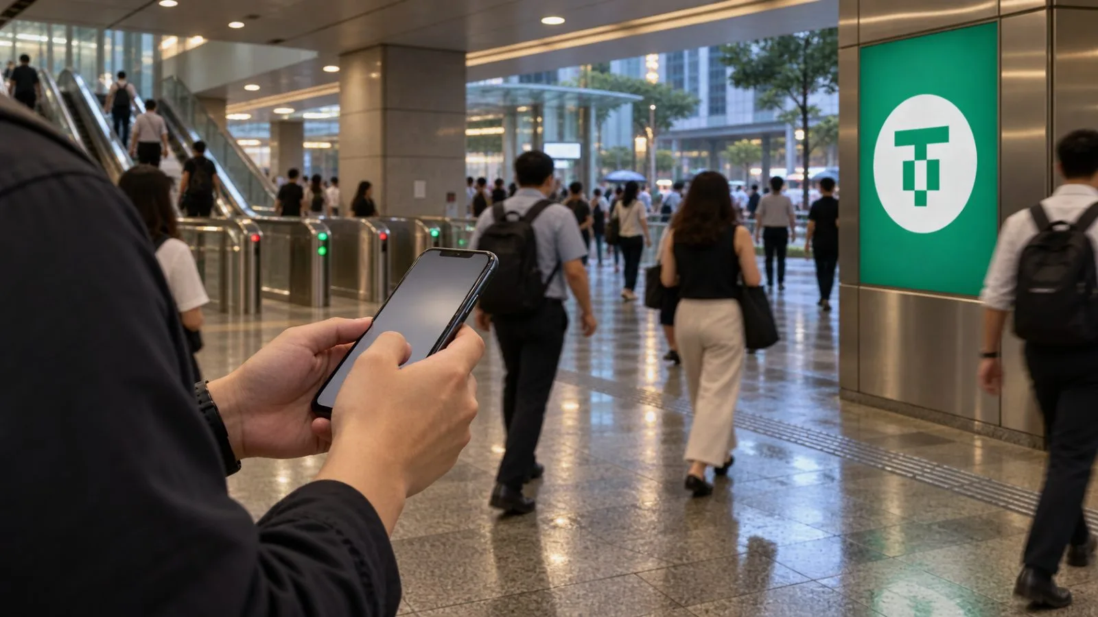 A commuter holds a smartphone amid evening foot traffic at Raffles Place MRT in Singapore. / EconoTimes.ai