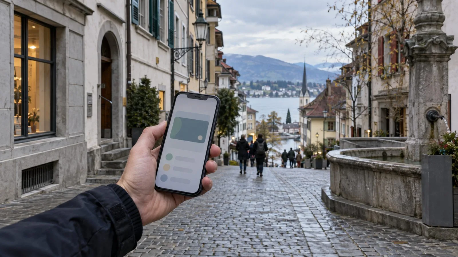 A passerby checks a smartphone on Zeughausgasse in Zug, Switzerland. (AI-generated image / EconoTimes)
