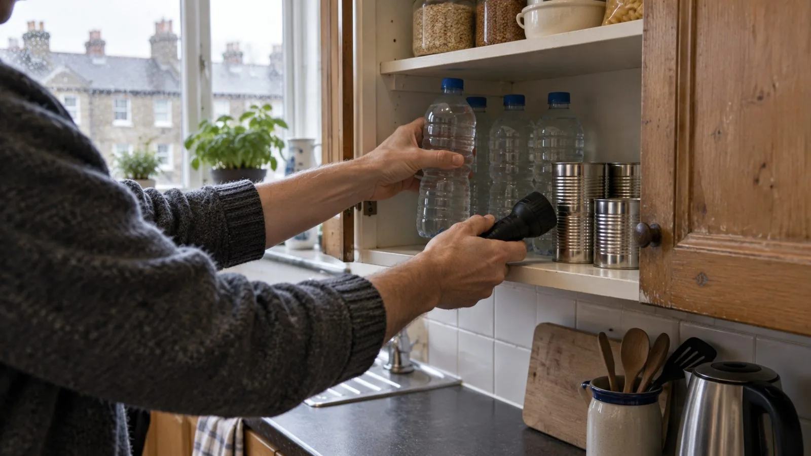 Bottled water, canned food and a torch sit in a household cupboard in London. / EconoTimes.ai