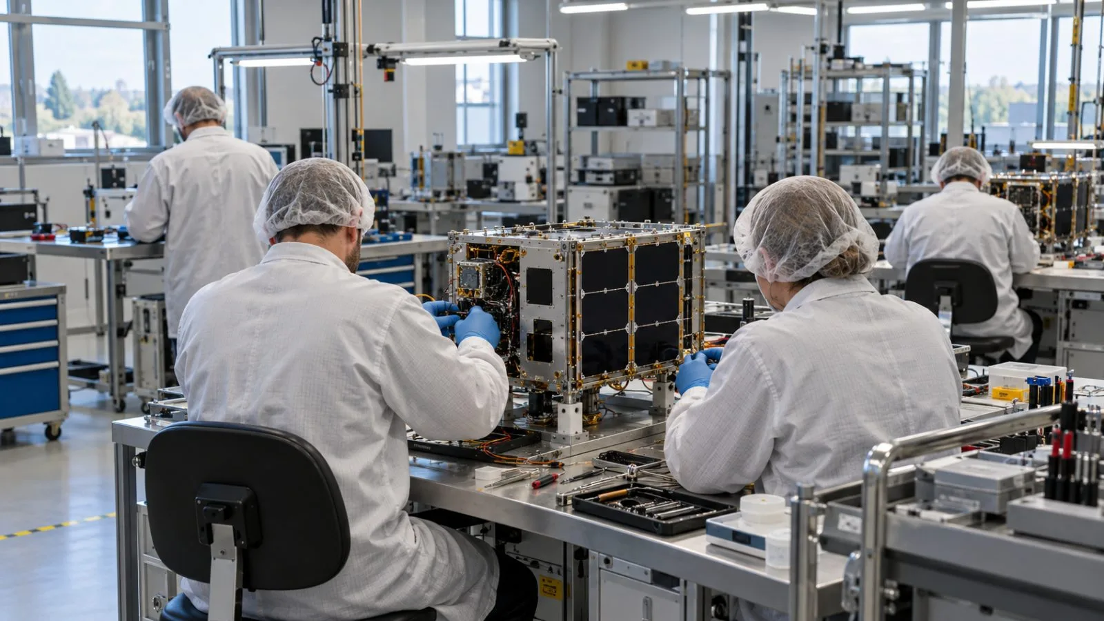 Workers assemble a small satellite at a production facility in Piaseczno, Poland. (AI-generated image / EconoTimes)