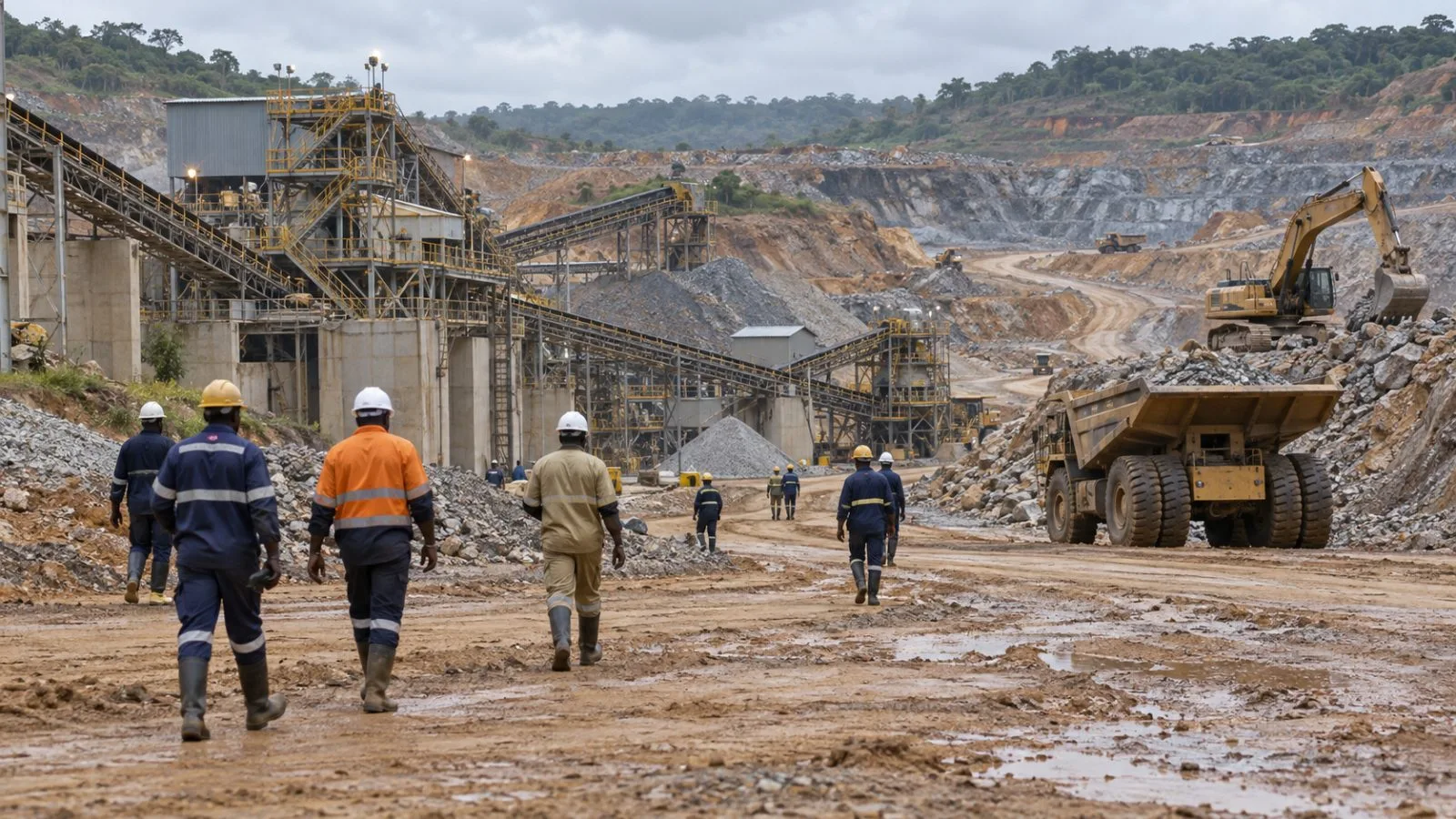 Workers walk past mining equipment at the Segilola gold mine near Ilesha, Nigeria. (AI-generated image / EconoTimes)