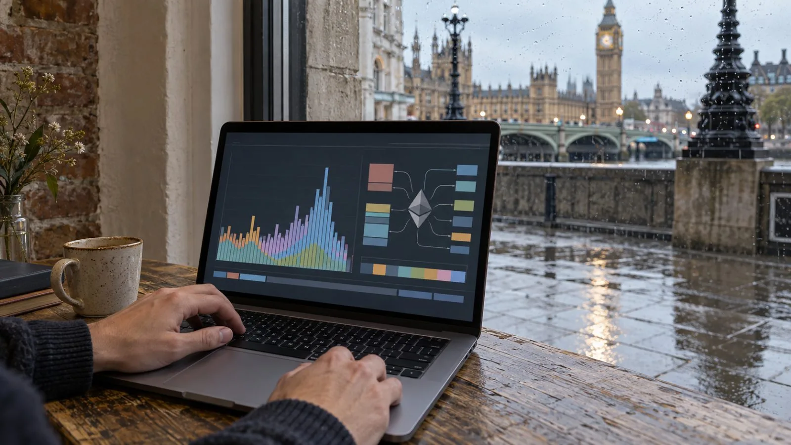 A laptop displays a block fee breakdown in a London blockchain workspace. (AI-generated image / EconoTimes)