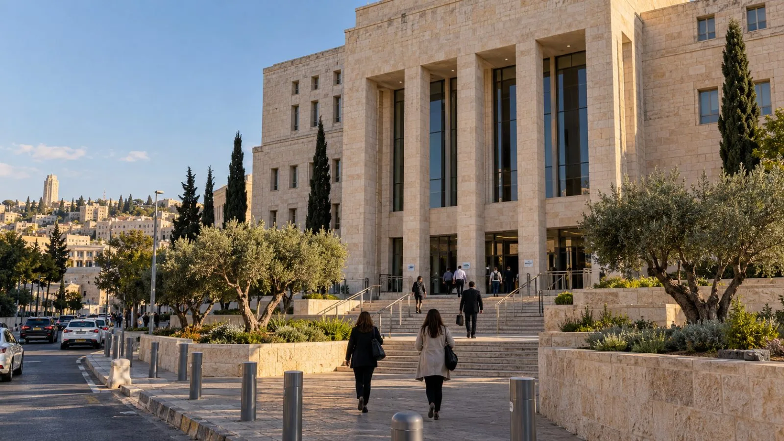 Visitors enter Israel’s Ministry of Justice in Jerusalem in late afternoon light. (AI-generated image / EconoTimes)