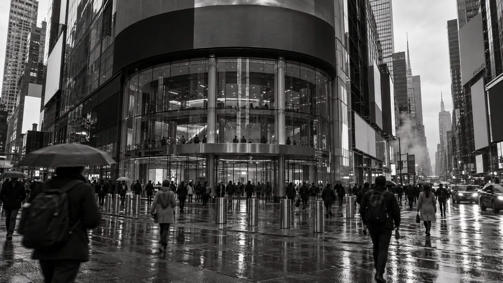 Pedestrians pass the Nasdaq MarketSite in Times Square, New York, beneath an overcast afternoon sky. (AI-generated image / EconoTimes)