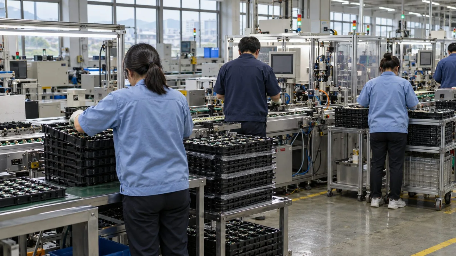 Workers handle component trays beside an active electronics assembly line in Taichung, Taiwan (AI-generated image / EconoTimes)