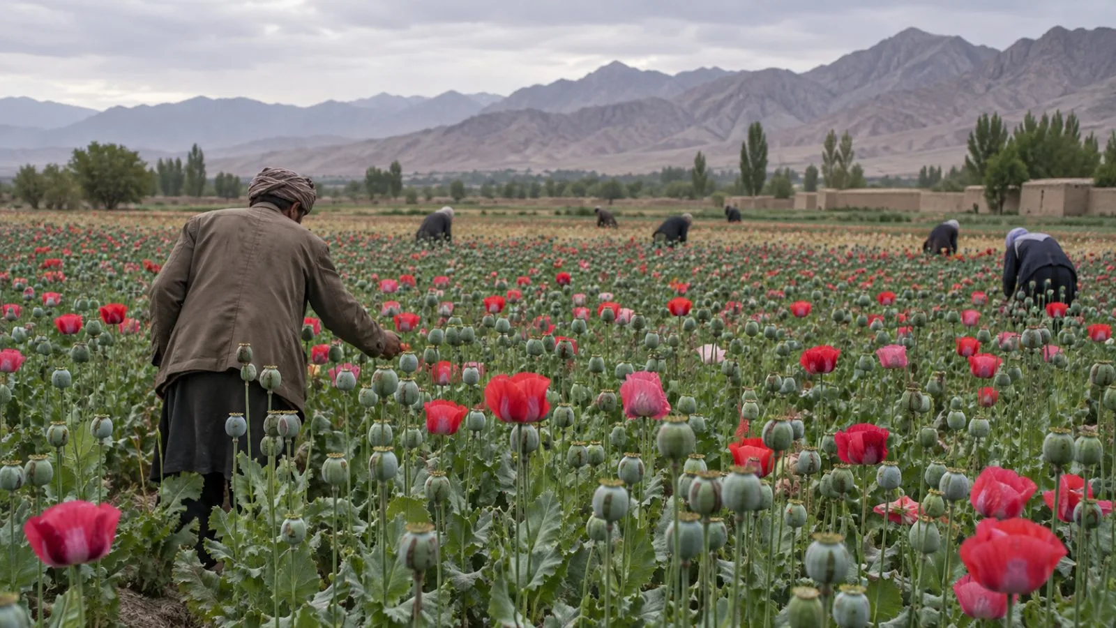 Workers tend an opium poppy field in rural Balkh province, Afghanistan. (AI-generated image / EconoTimes)