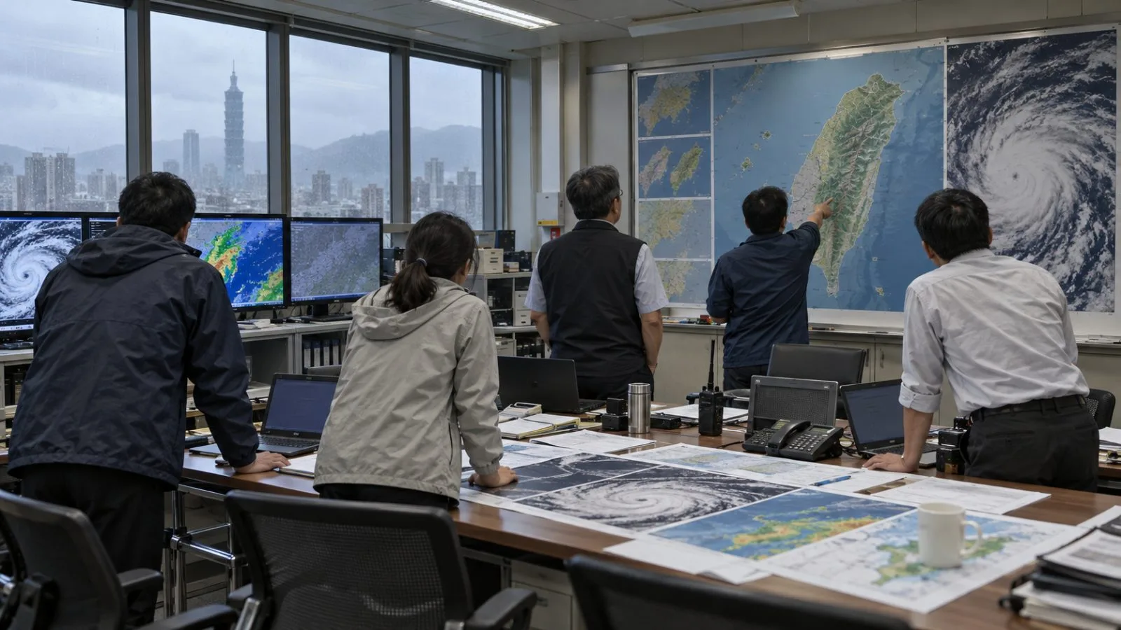 Officials review storm preparations at Taiwan's Central Disaster Response Center in Taipei. (AI-generated image / EconoTimes)