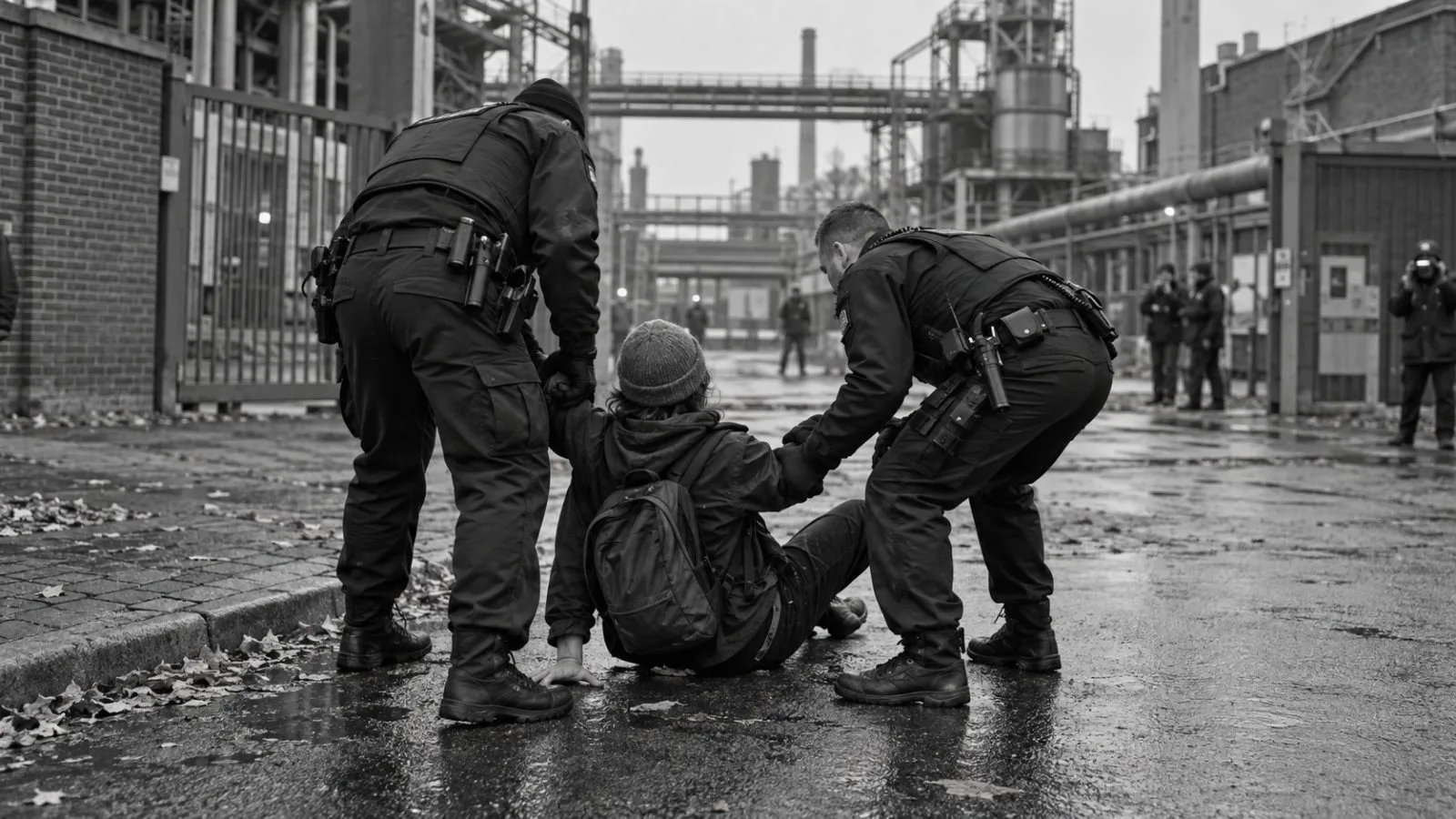 Police officers remove a protester from the road outside an industrial plant in Wedding, Berlin (AI-generated image / EconoTimes)