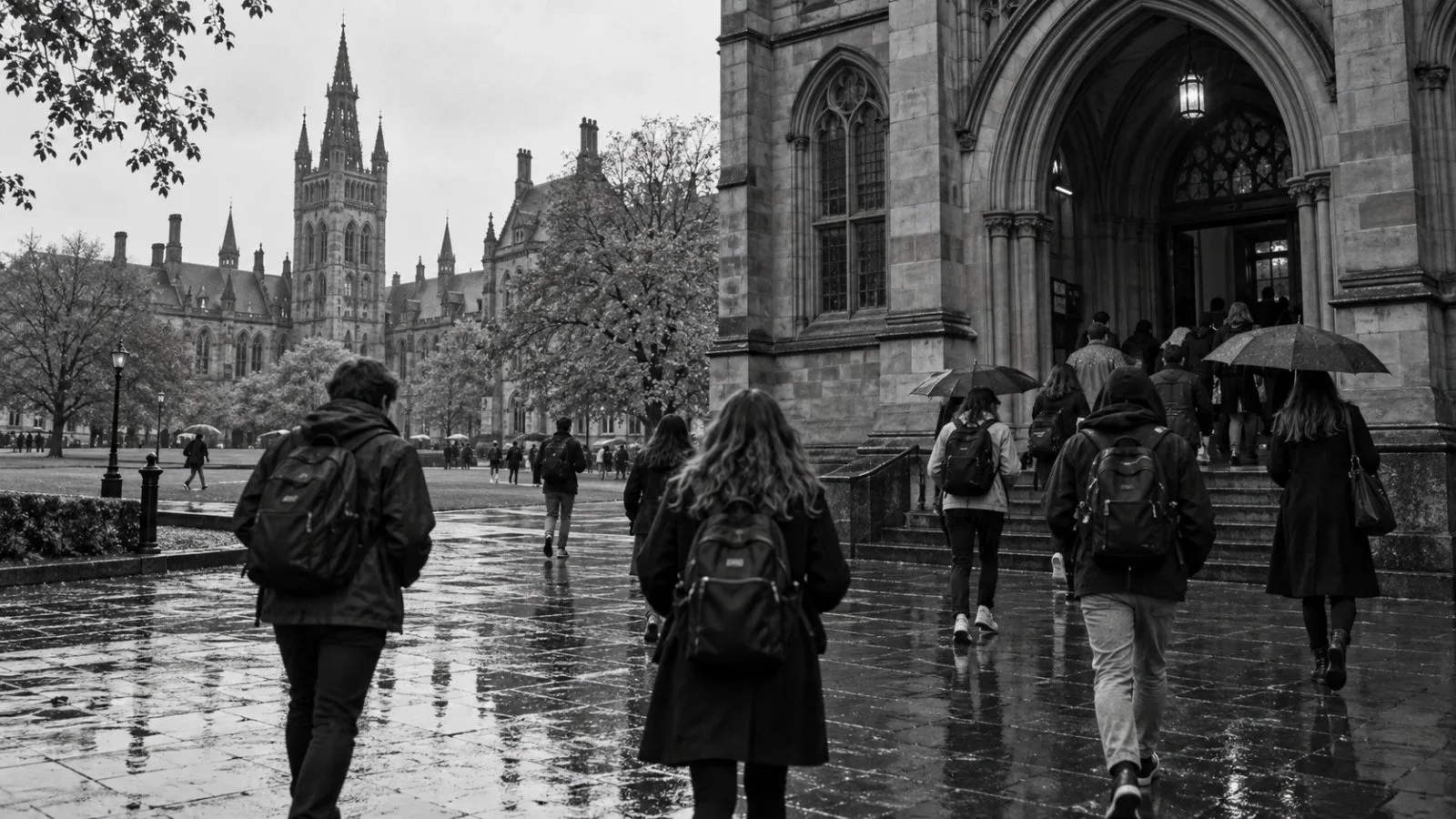 Students enter a university building in Glasgow, Scotland, on a rainy autumn morning. (AI-generated image / EconoTimes)