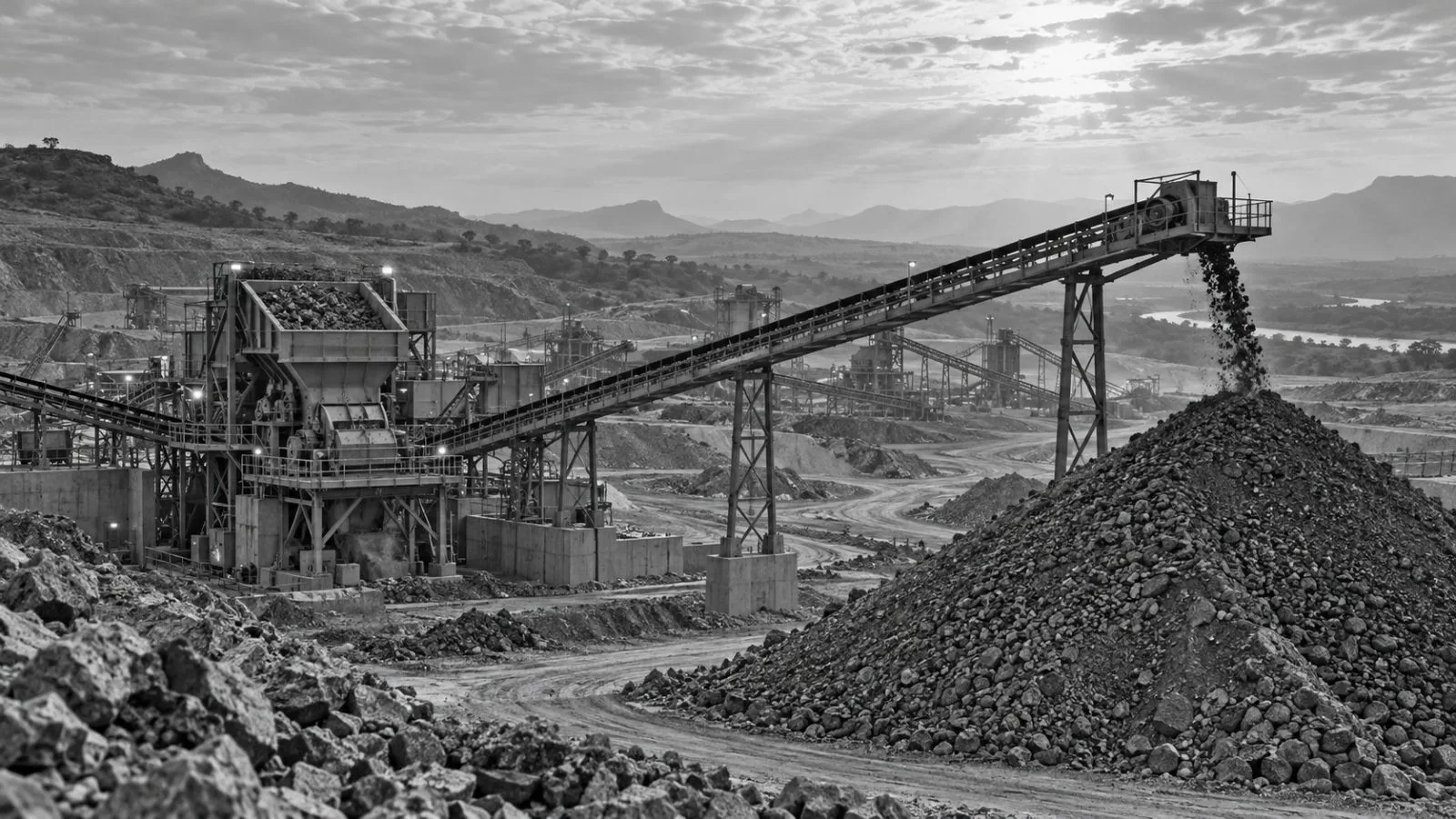Conveyors and ore stockpiles sit at the Kurmuk gold mine in western Ethiopia. (AI-generated image / EconoTimes)