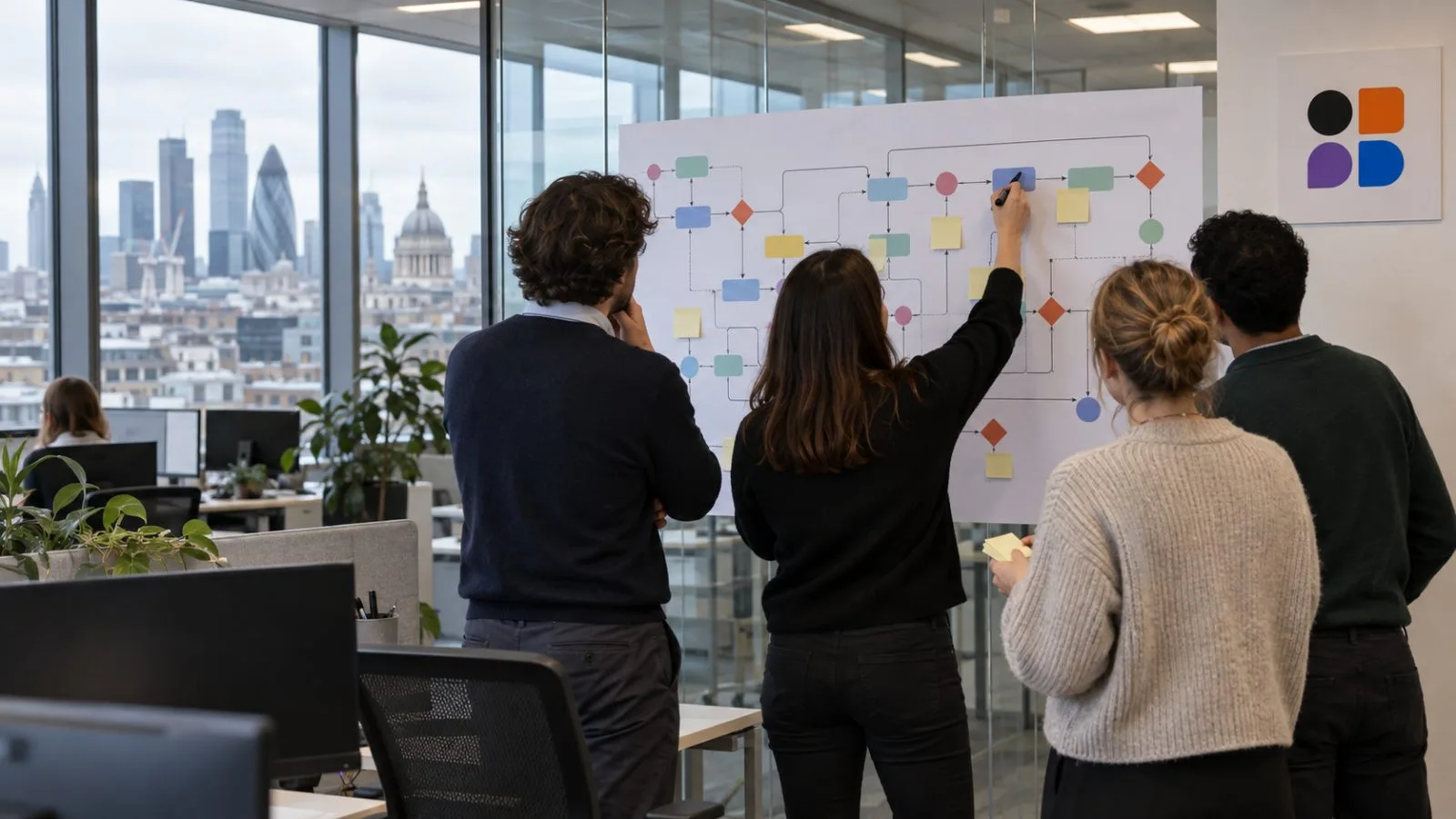Employees mark a workflow map on a glass wall in a London office. / EconoTimes.ai