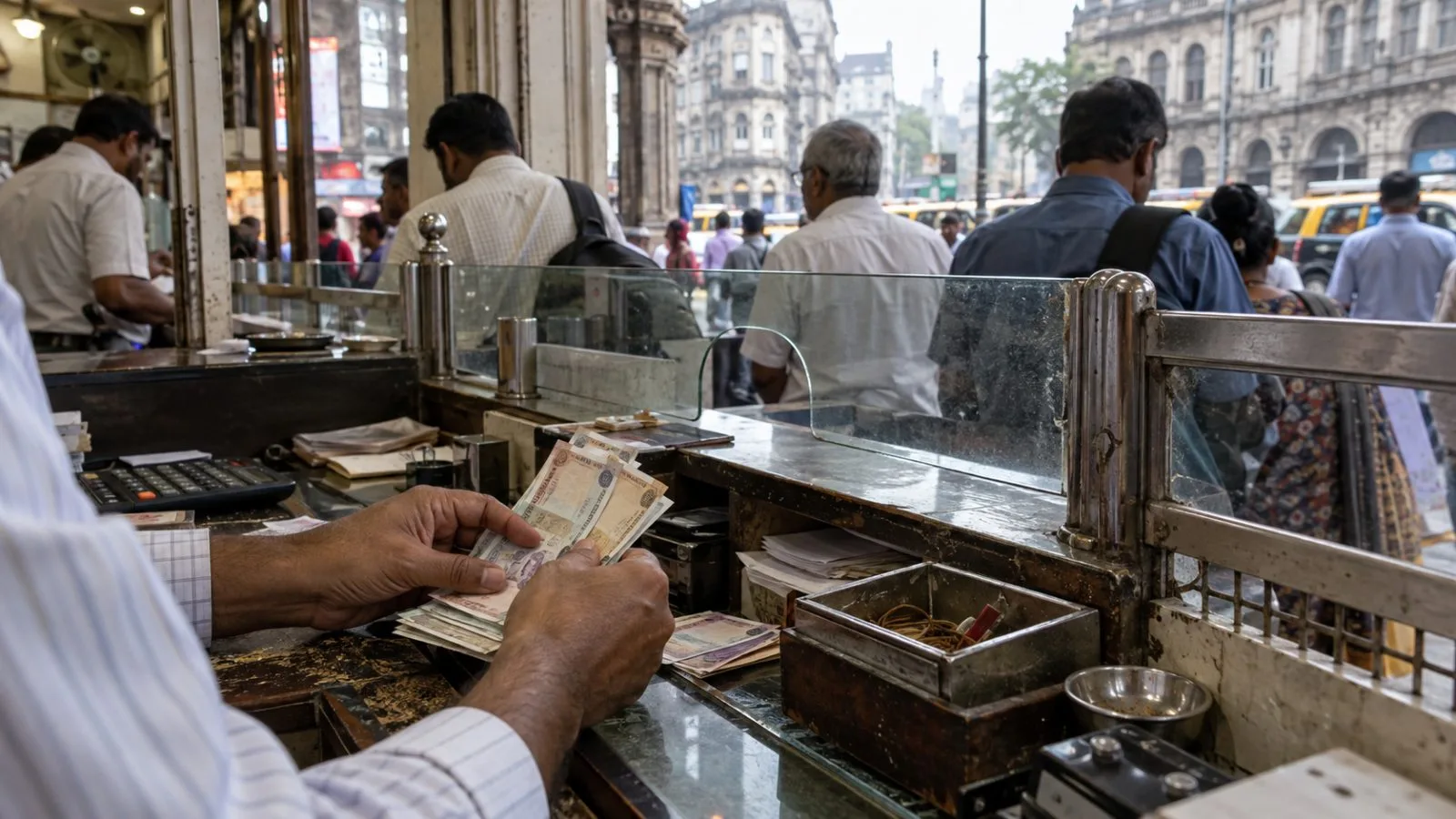 A currency dealer counts rupee notes at an exchange counter in Mumbai. (AI-generated image / EconoTimes)