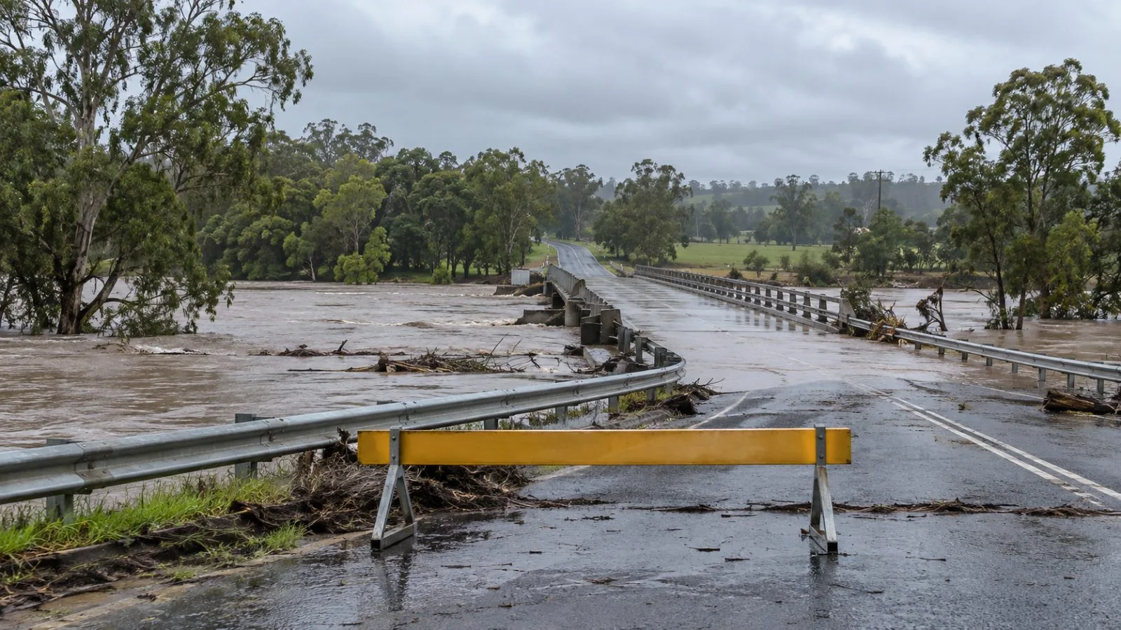 Floodwater surrounds the Mungar Road Bridge approach near Tiaro, Queensland, after heavy overnight rain. (AI-generated image / EconoTimes)