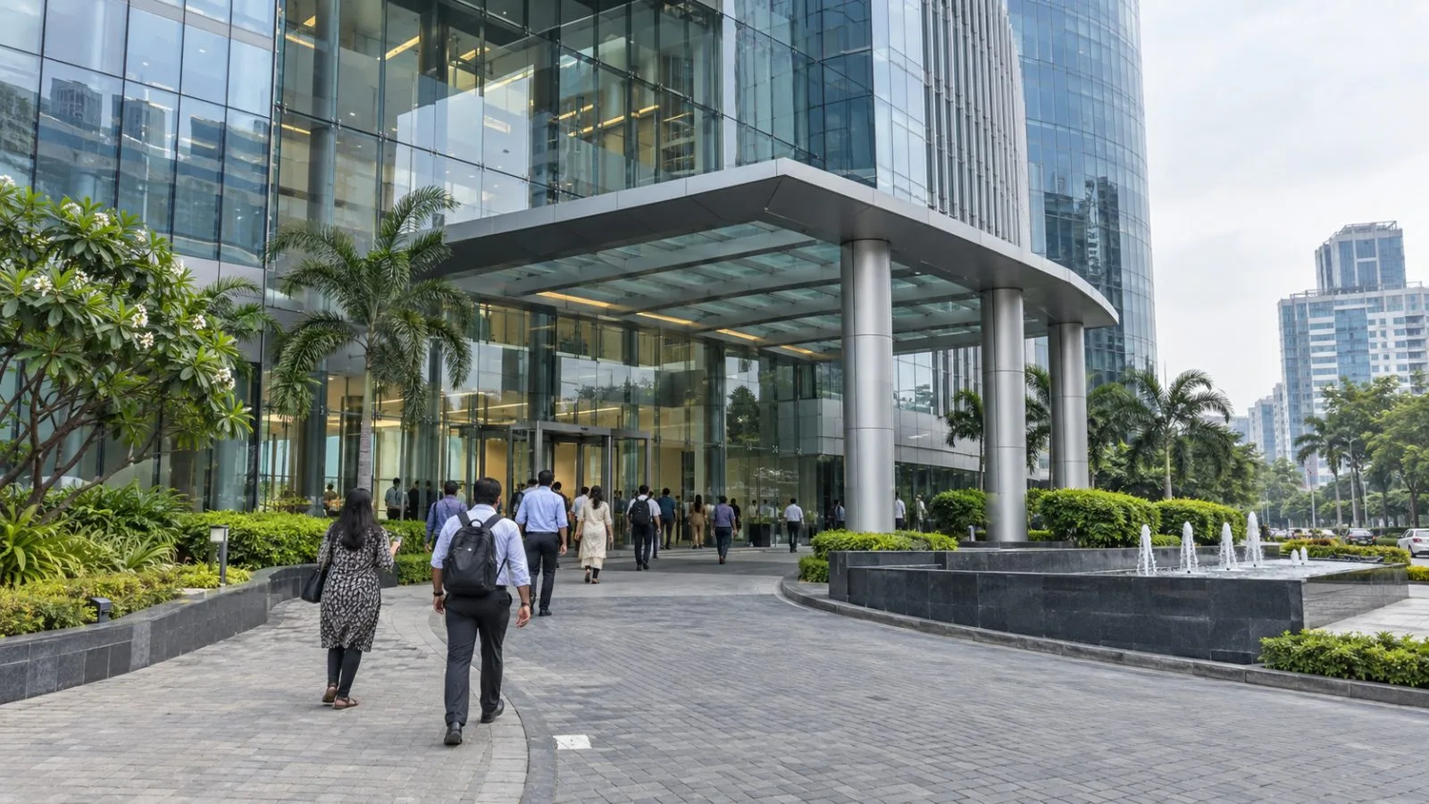 Office workers enter Bandhan Bank’s head office in Kolkata’s Salt Lake business district. (AI-generated image / EconoTimes)