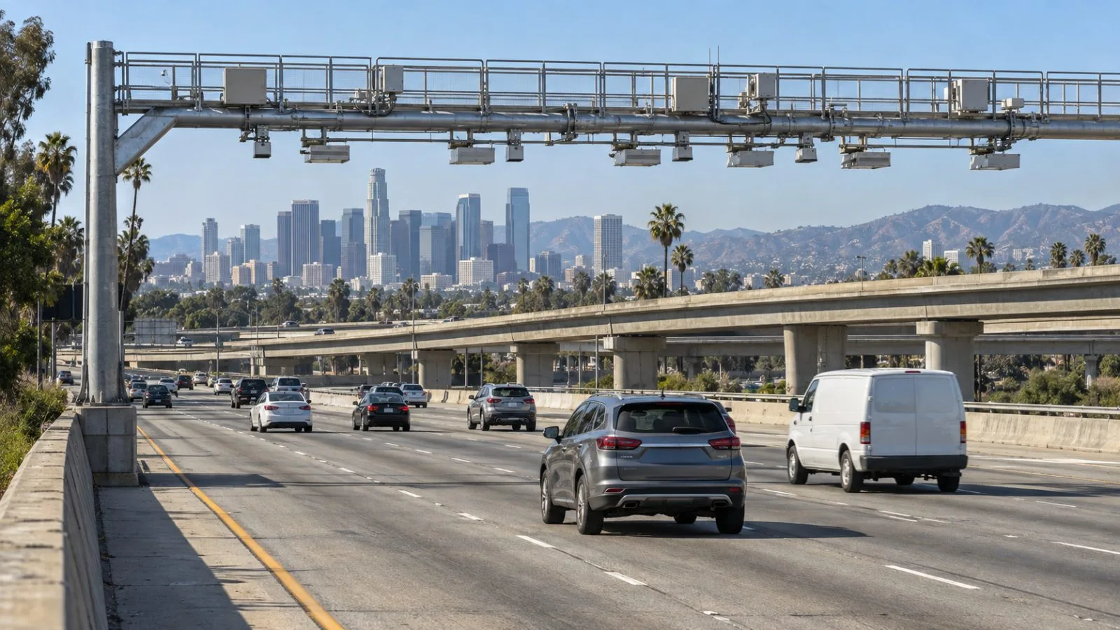 Vehicles pass beneath an electronic tolling gantry on the I-110 ExpressLanes in Los Angeles, California. (AI-generated image / EconoTimes)
