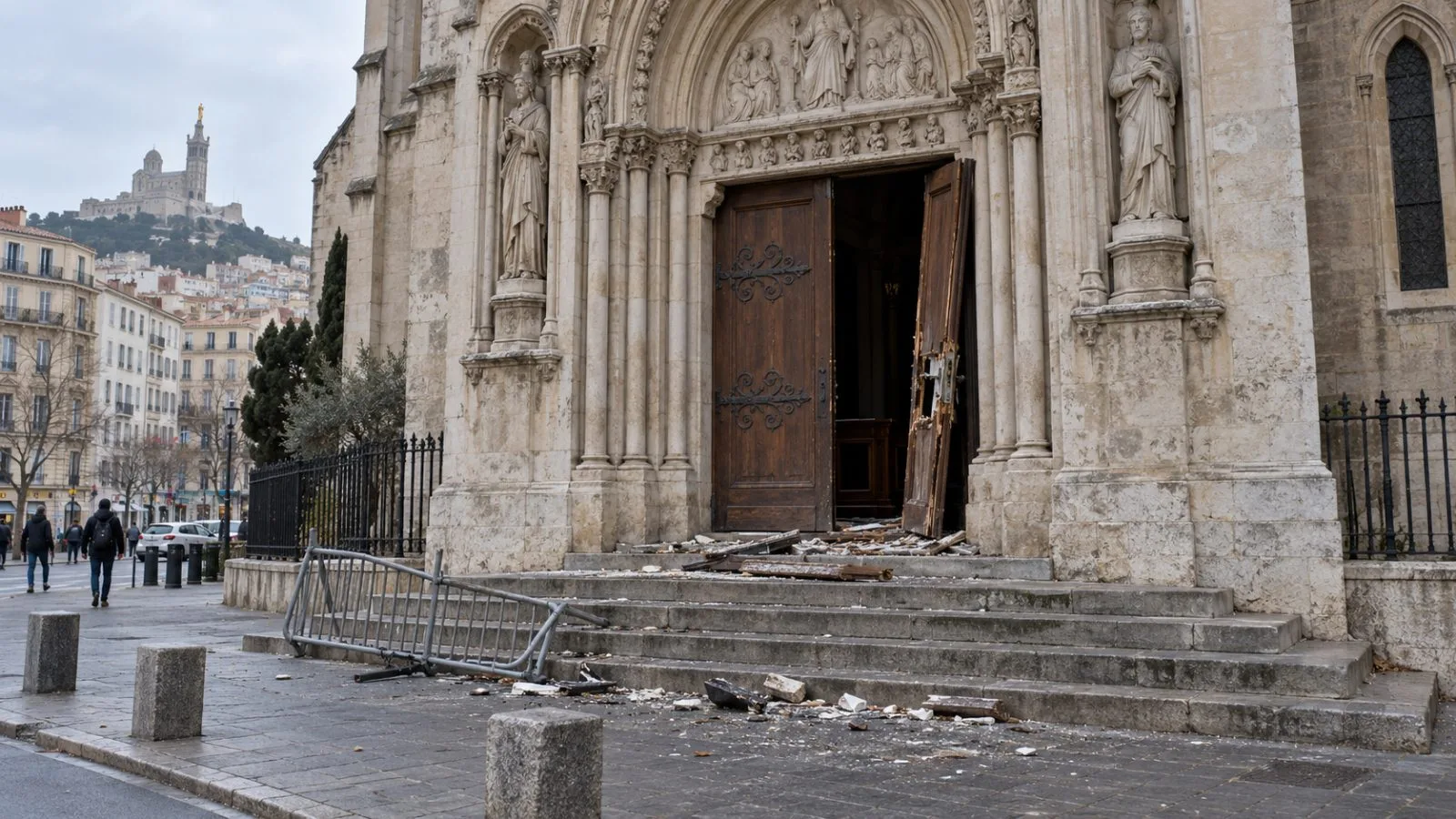 A church entrance shows signs of a break-in after protests in Marseille, France (AI-generated image / EconoTimes)