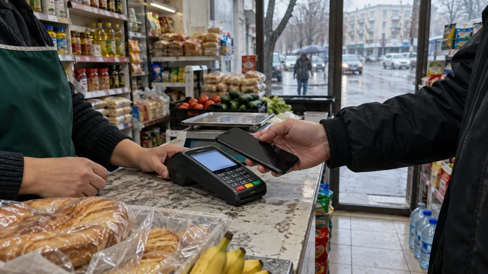A customer taps a smartphone at a payment terminal inside a Tashkent shop. (AI-generated image / EconoTimes)