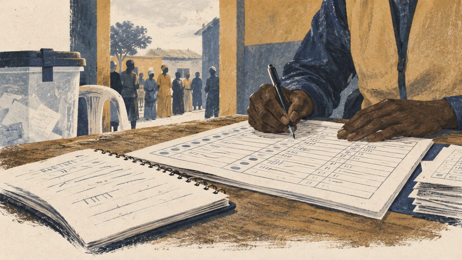 A polling official completes a paper result form at a polling unit in Abuja, Nigeria. (AI-generated image / EconoTimes)