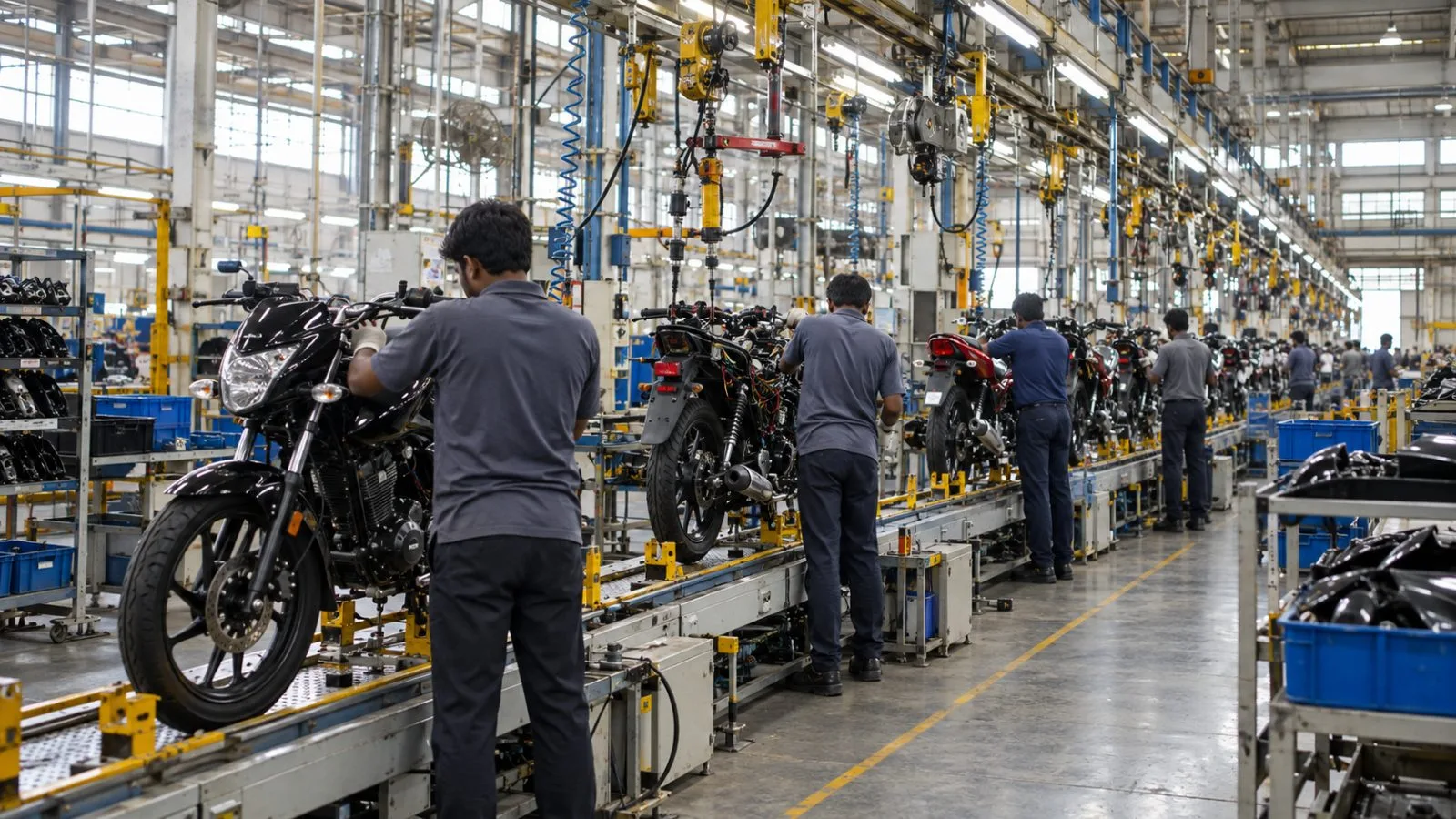 Workers inspect electric scooters on an assembly line at a manufacturing plant in Hosur, India. / EconoTimes.ai