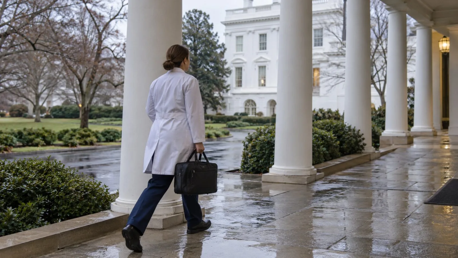 A medical officer walks along the West Wing colonnade at the White House in Washington, D.C. (AI-generated image / EconoTimes)
