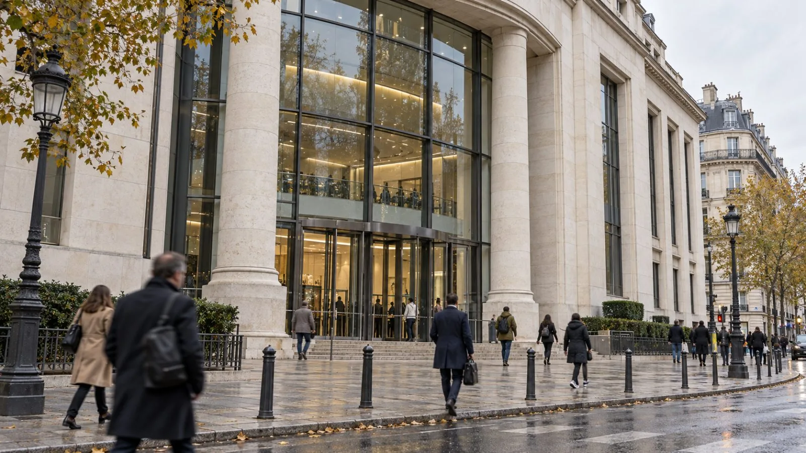 Pedestrians pass an office entrance in Paris on an overcast afternoon. / EconoTimes.ai