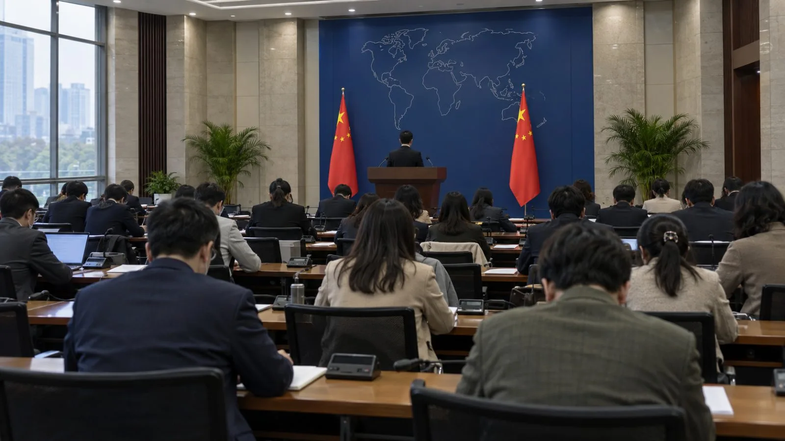 Reporters attend a Foreign Ministry briefing in Beijing. (AI-generated image / EconoTimes)