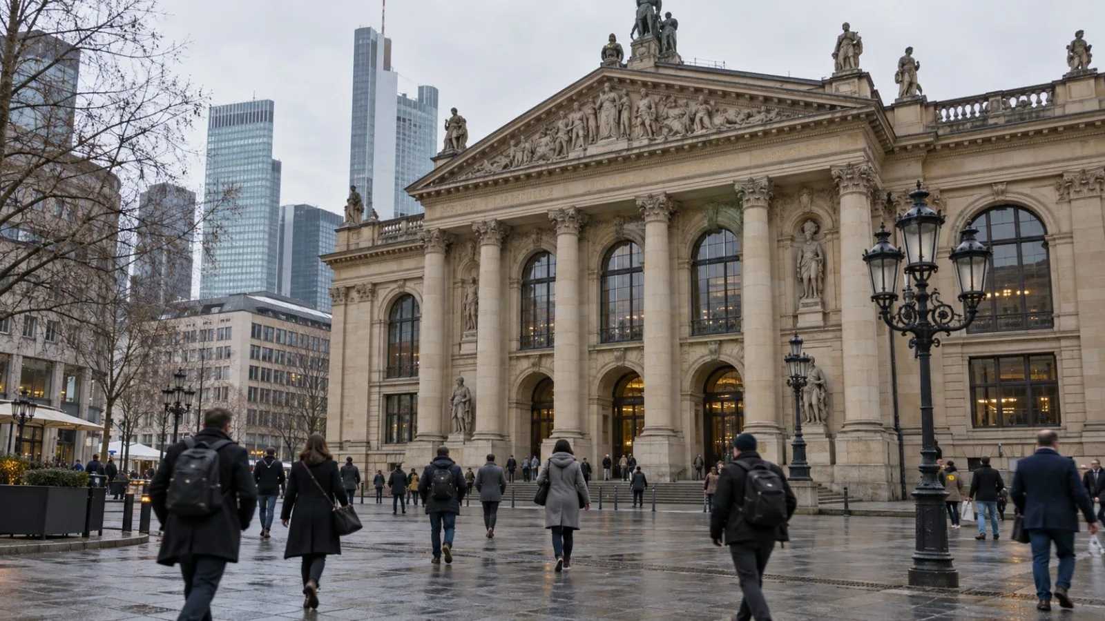 Pedestrians pass the Frankfurt Stock Exchange on Börsenplatz in Frankfurt, Germany. (AI-generated image / EconoTimes)