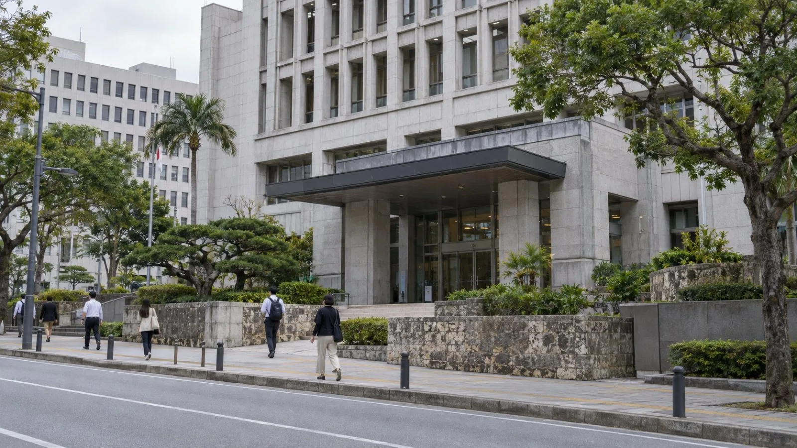 Pedestrians pass the Naha Public Prosecutors Office in Naha, Okinawa. (AI-generated image / EconoTimes)