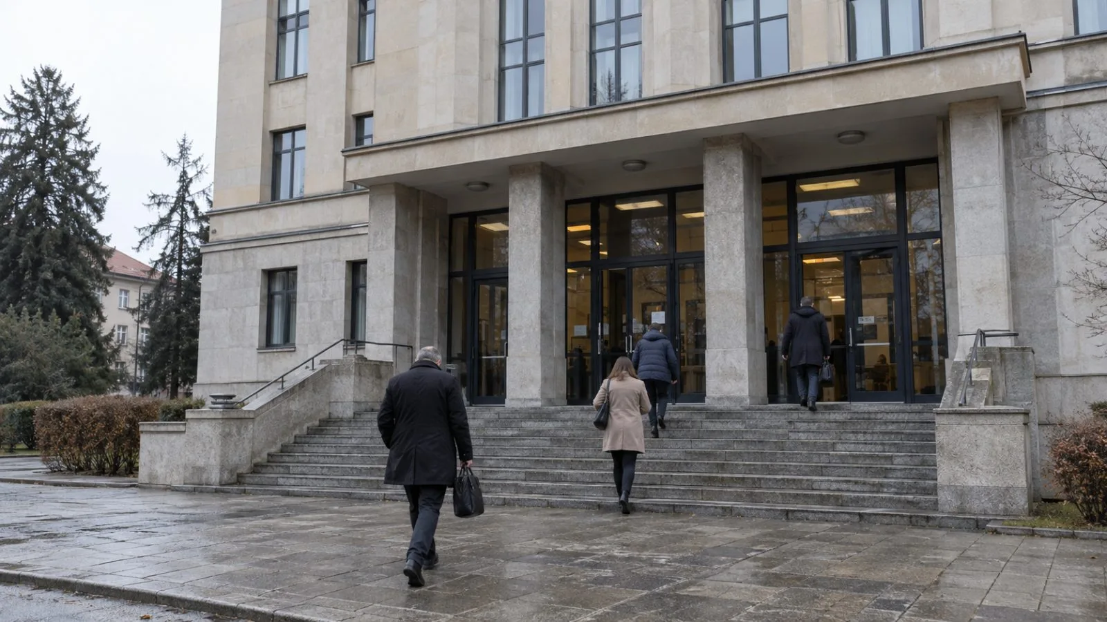 Visitors approach a courthouse in Tarnów, Poland, beneath an overcast afternoon sky. (AI-generated image / EconoTimes)