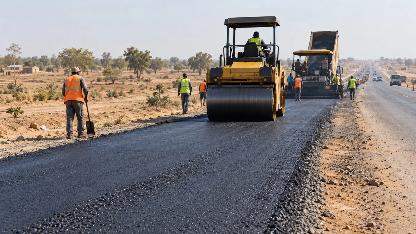 A road roller compacts fresh asphalt on the Abuja–Kaduna–Zaria–Kano highway near Kano, Nigeria (AI-generated image / EconoTimes)