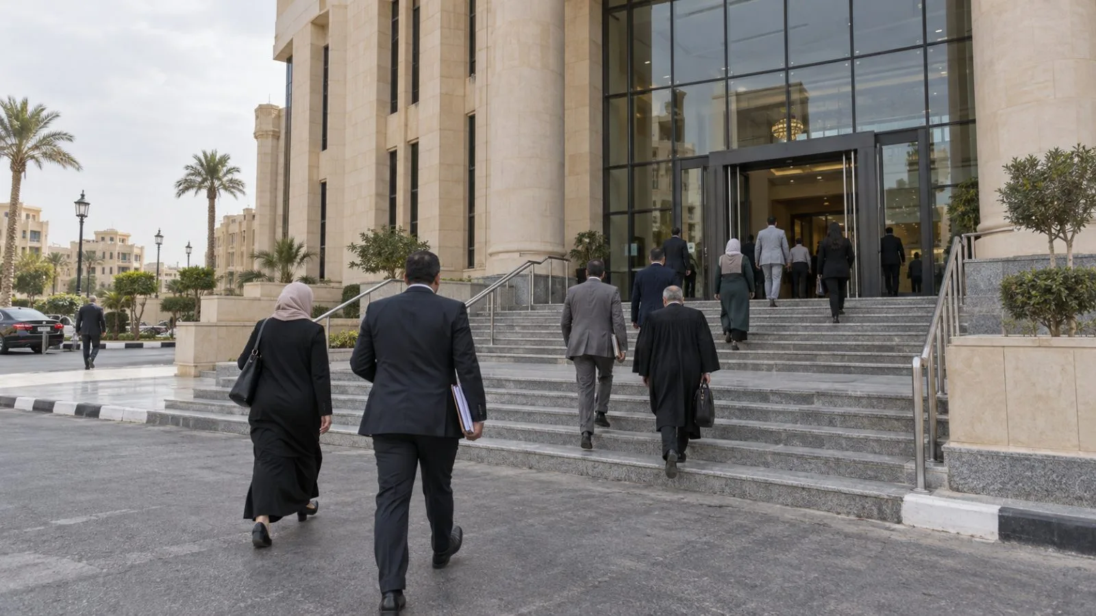 Lawyers and visitors enter a courthouse in New Cairo, Egypt, on a bright morning. (AI-generated image / EconoTimes)
