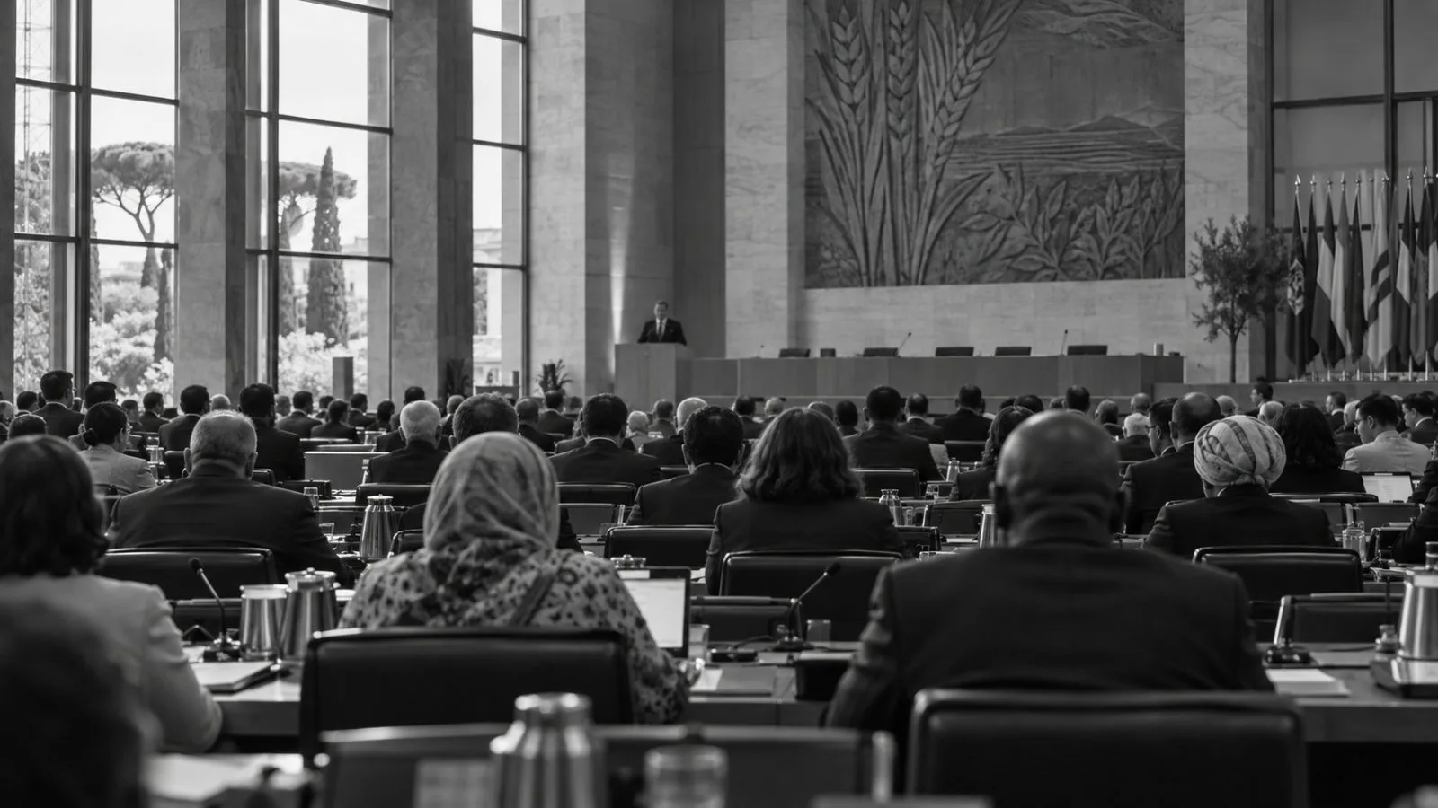 Delegates listen during a food security session at FAO headquarters in Rome (AI-generated image / EconoTimes)