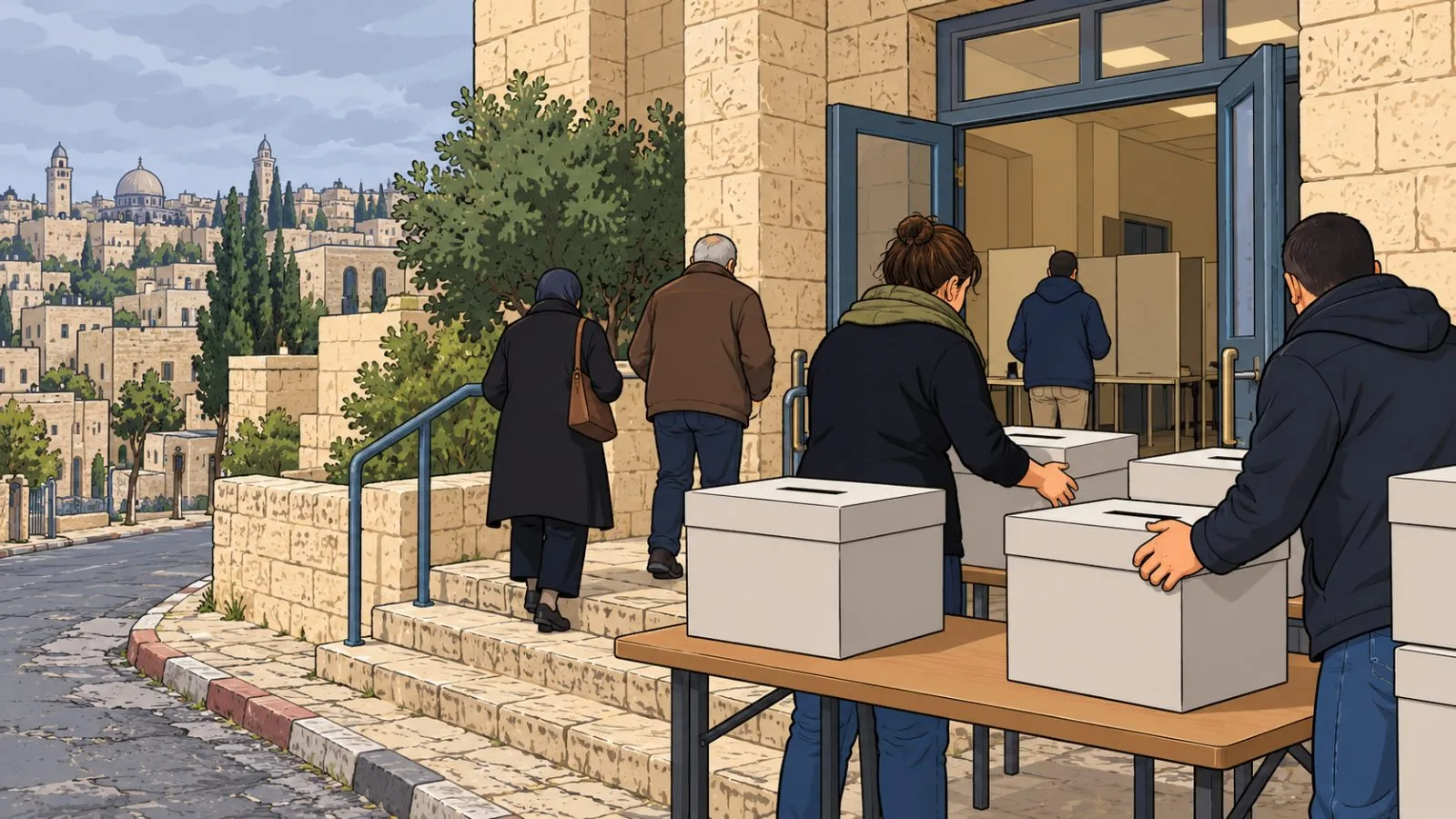 Election workers prepare ballot boxes at a polling station in Jerusalem, Israel. (AI-generated image / EconoTimes)