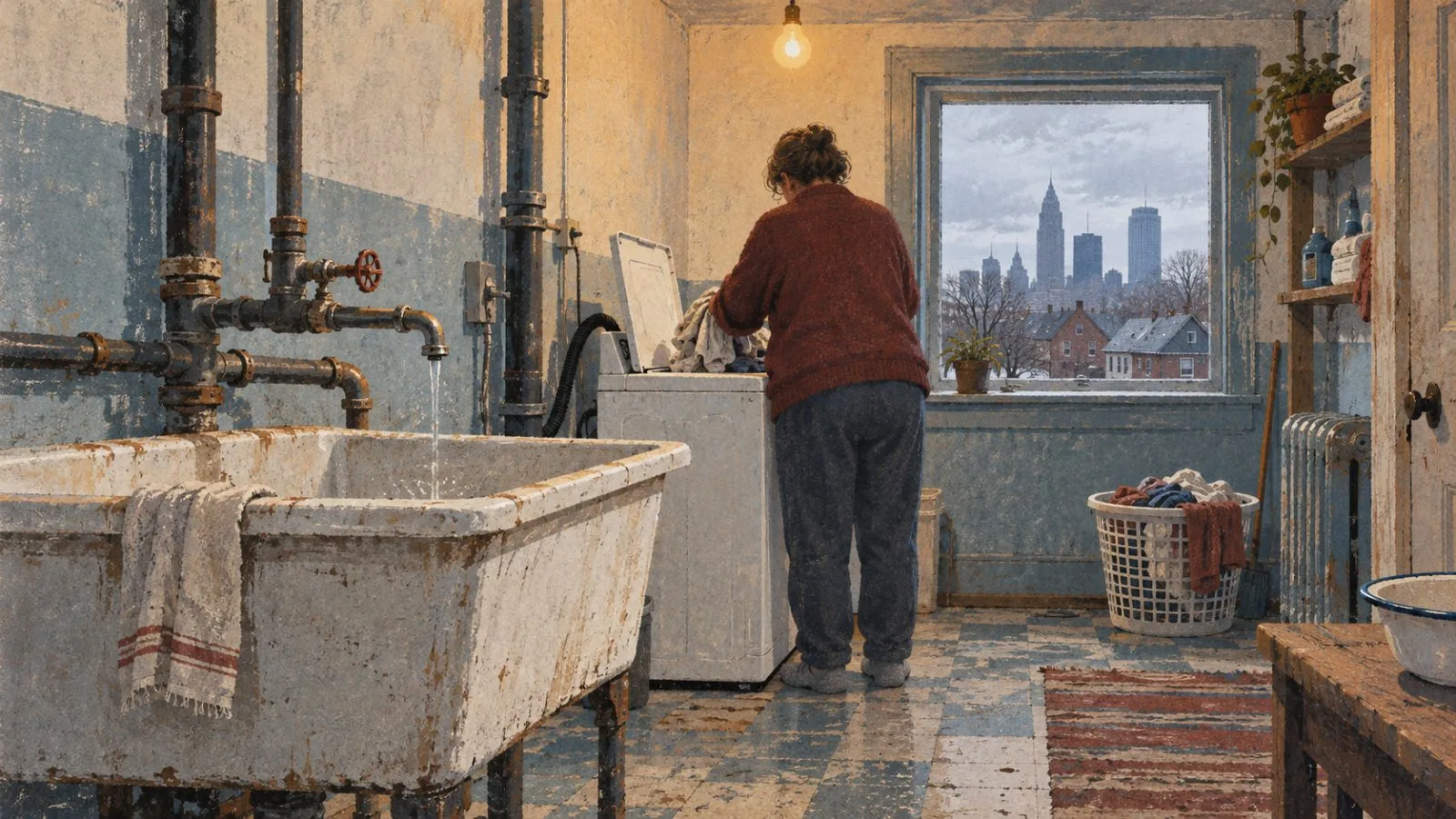 A washing machine stands beside visible indoor plumbing in a modest Cleveland, Ohio, home. (AI-generated image / EconoTimes)