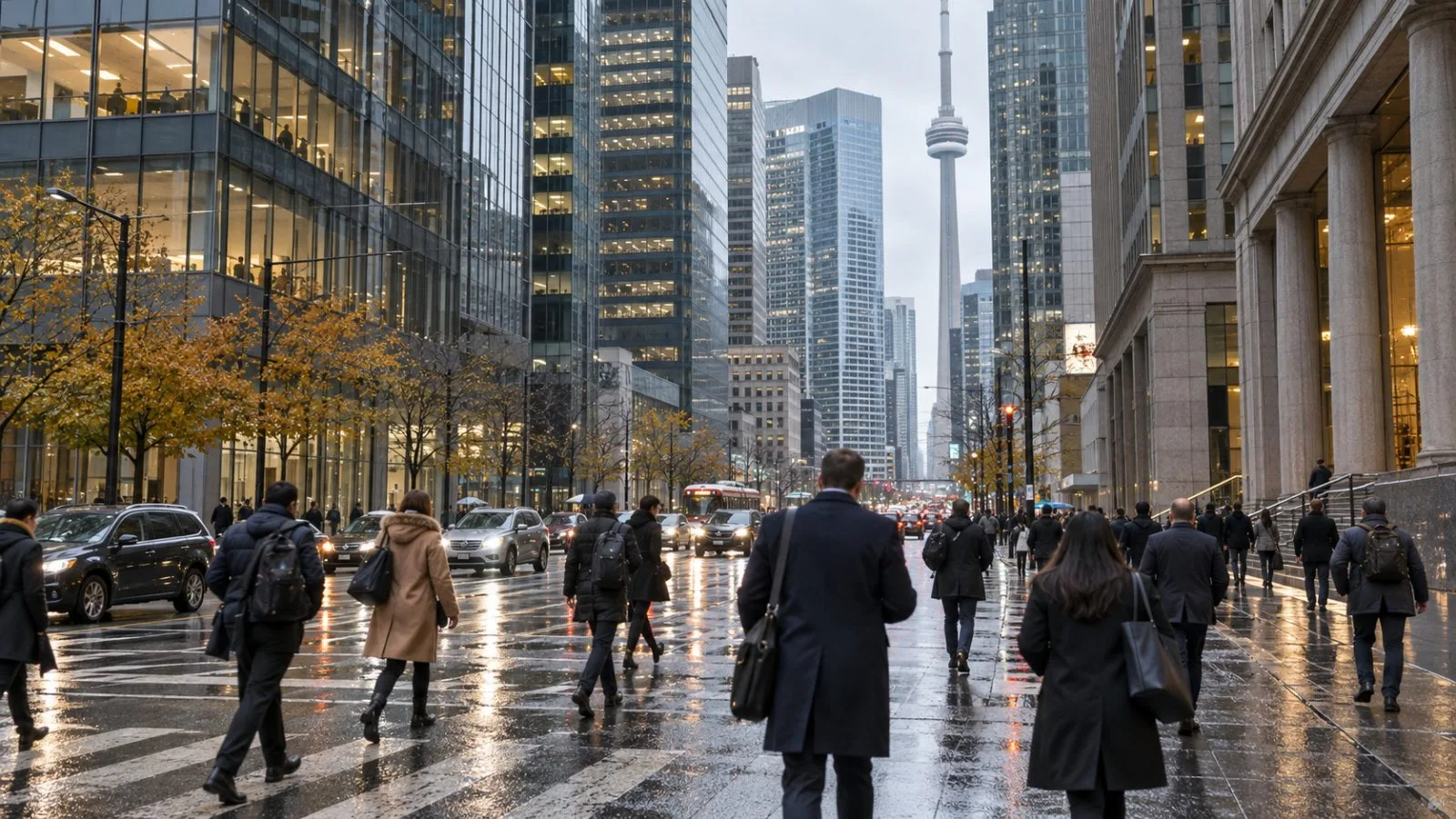 Commuters pass glass office towers along Bay Street in Toronto, Canada. (AI-generated image / EconoTimes)