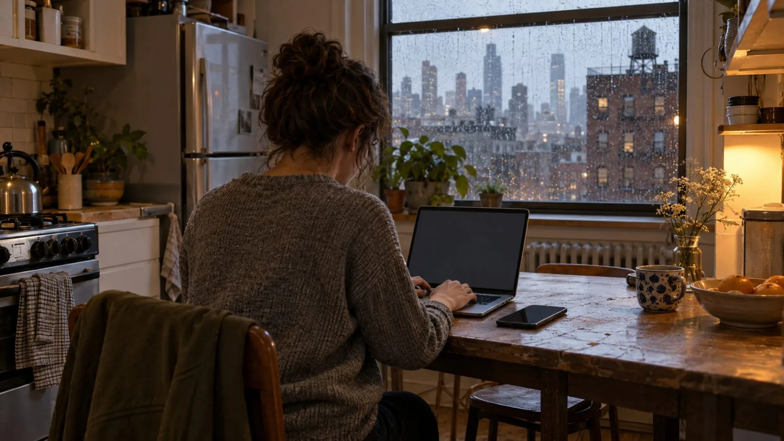A customer uses a laptop beside a smartphone in a New York City apartment. (AI-generated image / EconoTimes)