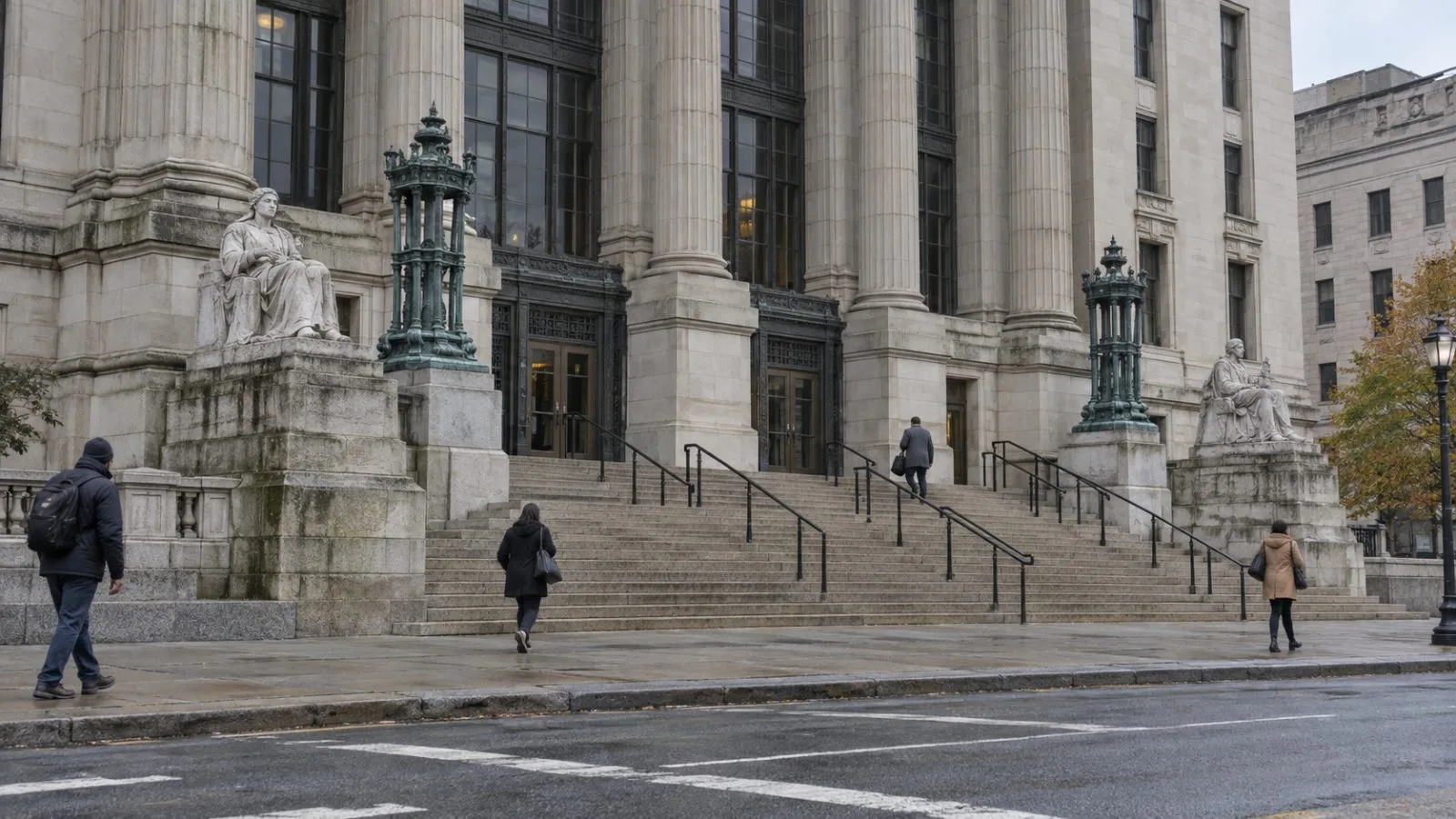 Pedestrians walk past the Essex County Superior Court in Newark, New Jersey. (AI-generated image / EconoTimes)