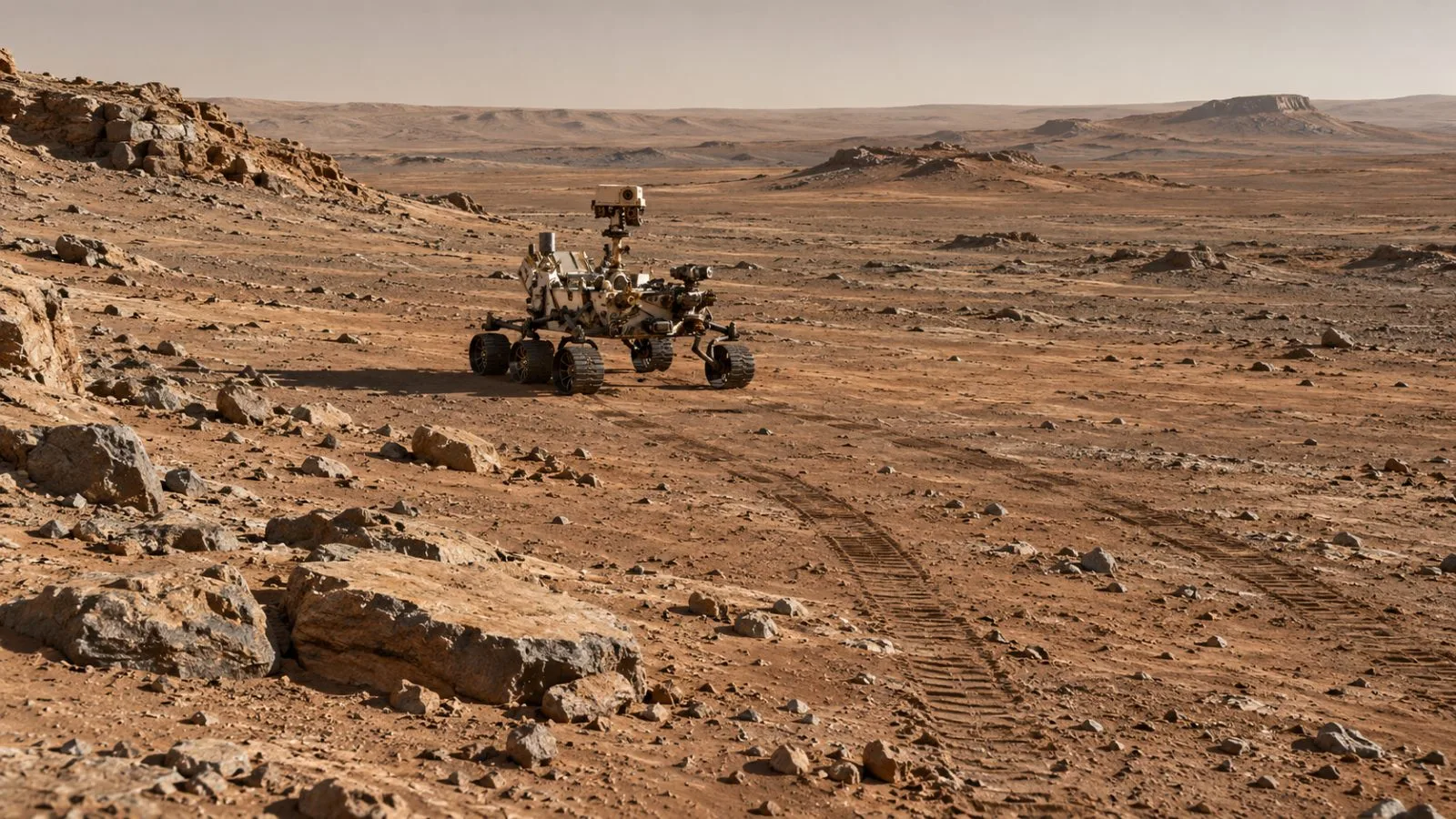 NASA’s Perseverance rover crosses rocky terrain near Jezero Crater on Mars. (AI-generated image / EconoTimes)